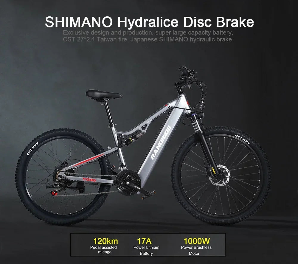 1000W Electric Bike – 48V 17Ah Battery, Full Suspension, Hydraulic Brakes, 21-Speed Gear, Rear Rack Included