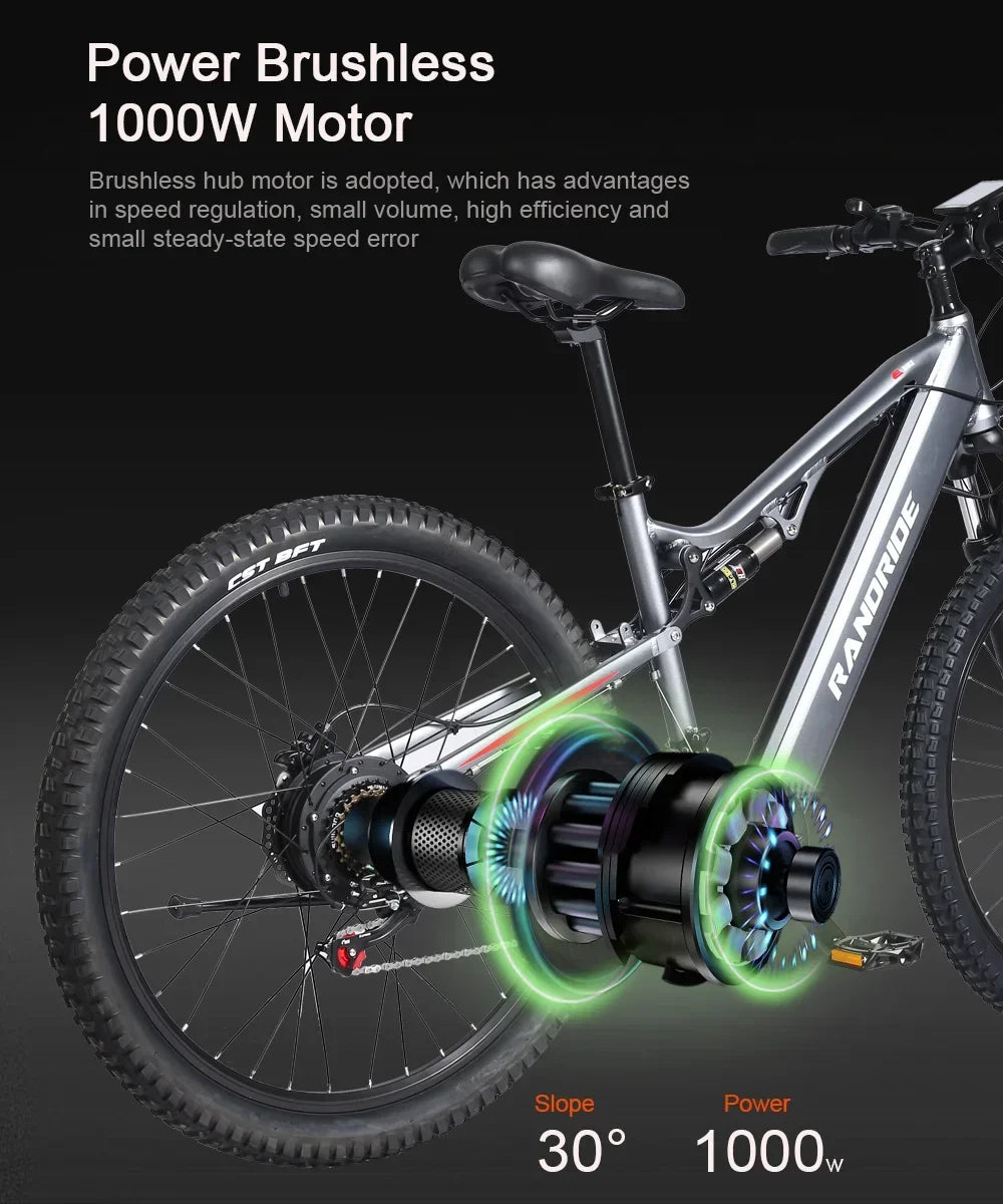 1000W Electric Bike – 48V 17Ah Battery, Full Suspension, Hydraulic Brakes, 21-Speed Gear, Rear Rack Included