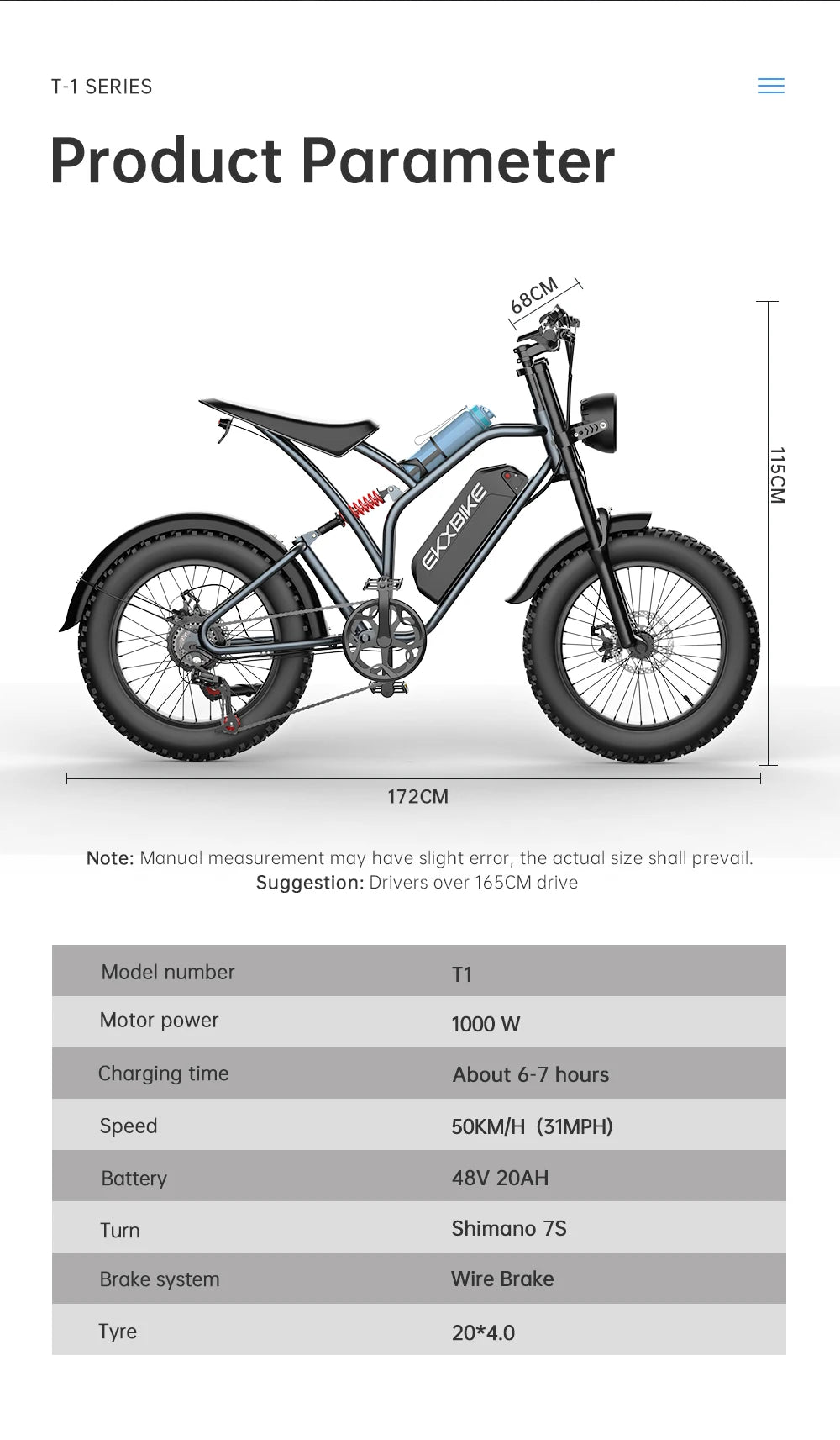 EKX T1 Electric Bike for Adults – 20" Fat Tire, 1000W Motor, 48V 20AH Battery, Mountain E-Bike, Off-Road Ready