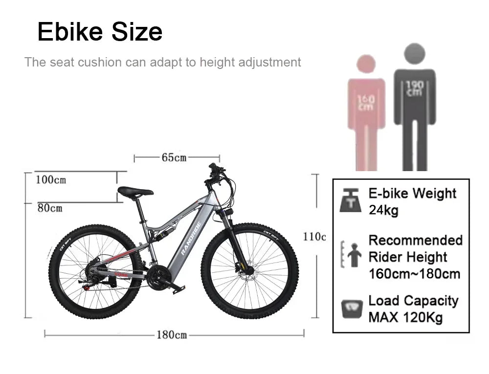 1000W Electric Bike – 48V 17Ah Battery, Full Suspension, Hydraulic Brakes, 21-Speed Gear, Rear Rack Included