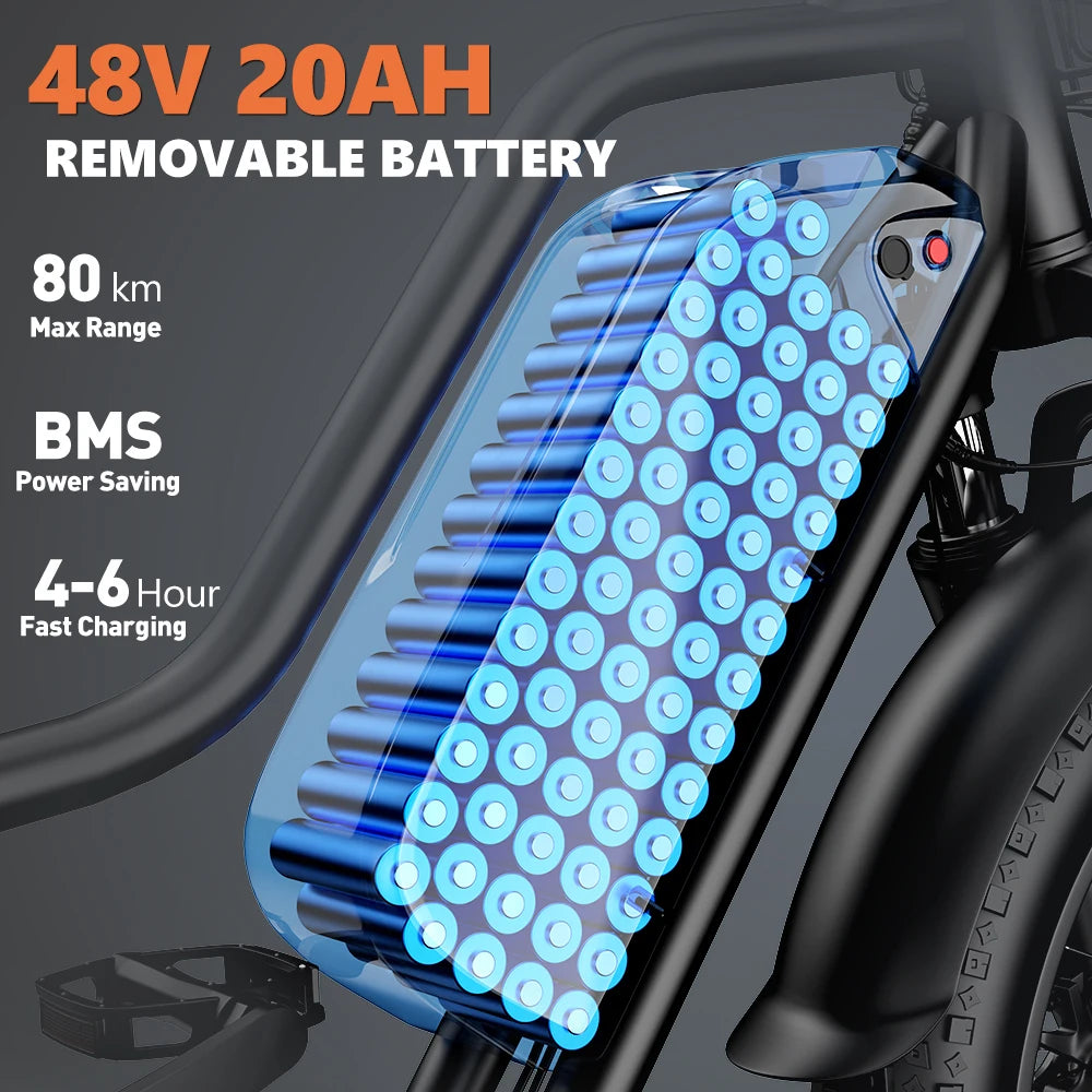 20" Electric Bike for Adults - 1500W Peak Motor, 48V 20AH Removable Battery, 32MPH Speed, Up to 50 Miles Range, Mountain E-Bike