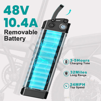 400W Foldable Electric Bike for Adults – 14" Fat Tires, Dual Disc Brakes, 48V 10.4AH Battery, 22 Mile Range, 20MPH, with Seat & Basket – Commuter E-Bike