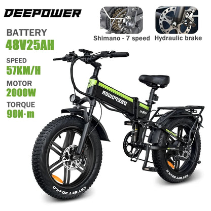 2000W Folding Electric Bike for Adults – 20" Fat Tire, 48V 25AH Battery, Mountain E-Bike, Oil Brakes
