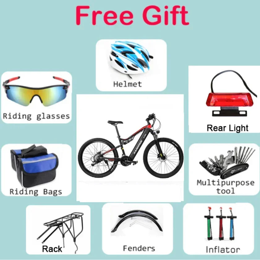 1000W Electric Bike – 48V 17Ah Battery, Full Suspension, Hydraulic Brakes, 21-Speed Gear, Rear Rack Included
