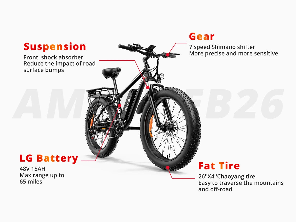 EB26 Electric Bike - 1000W Fat Tire E-Bike for Adults, 48V 15AH, 26" Mountain Bike, Dual Shock, 31mph