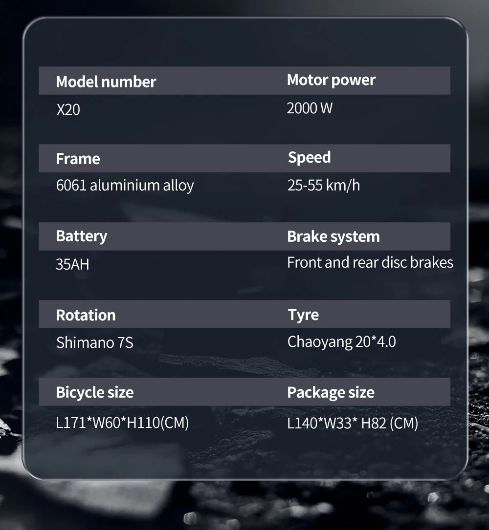 2000W Electric Bike for Adults – 48V 35Ah Battery, 20'' Fat Tires, Mountain Moped-Style E-Bike