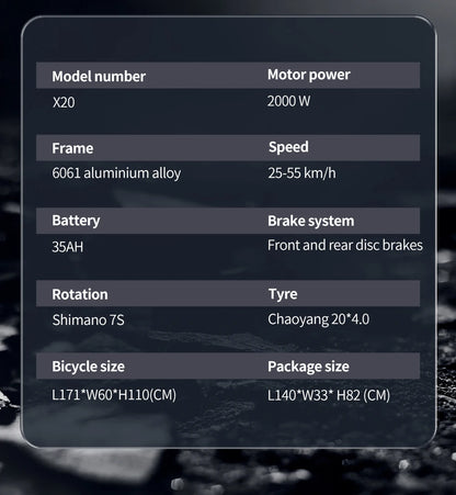 2000W Electric Bike for Adults – 48V 35Ah Battery, 20'' Fat Tires, Mountain Moped-Style E-Bike