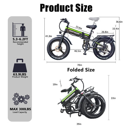 2000W Folding Electric Bike for Adults – 20" Fat Tire, 48V 25AH Battery, Mountain E-Bike, Oil Brakes