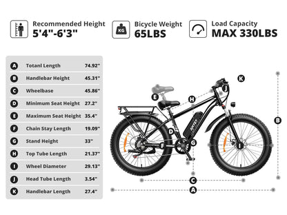 EB26 Electric Bike - 1000W Fat Tire E-Bike for Adults, 48V 15AH, 26" Mountain Bike, Dual Shock, 31mph