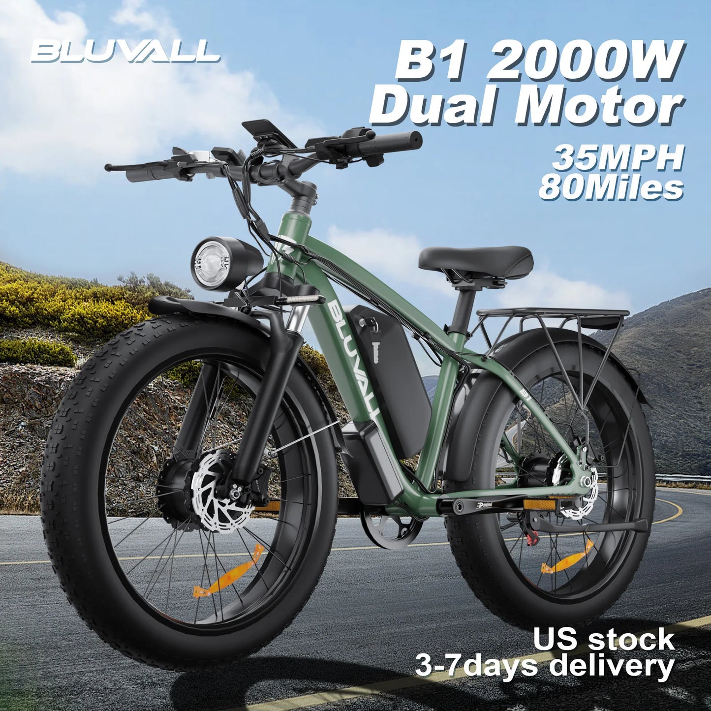 2000W Full Suspension Electric Bike – CE Certified, Dual Hidden Battery, 26'' Fat Tires, Snow & Beach E-Bike