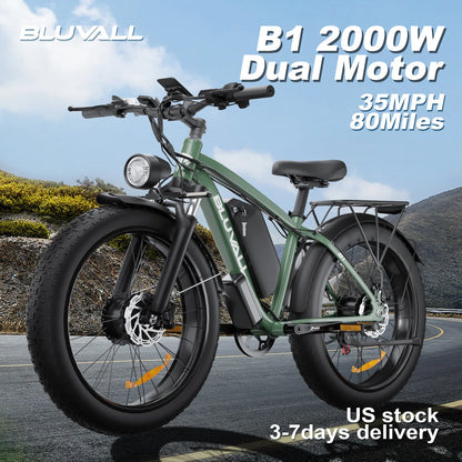 2000W Full Suspension Electric Bike – CE Certified, Dual Hidden Battery, 26'' Fat Tires, Snow & Beach E-Bike