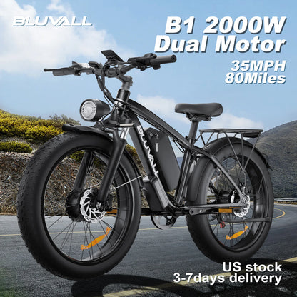 2000W Full Suspension Electric Bike – CE Certified, Dual Hidden Battery, 26'' Fat Tires, Snow & Beach E-Bike