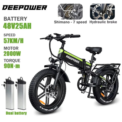 2000W Folding Electric Bike for Adults – 20" Fat Tire, 48V 25AH Battery, Mountain E-Bike, Oil Brakes